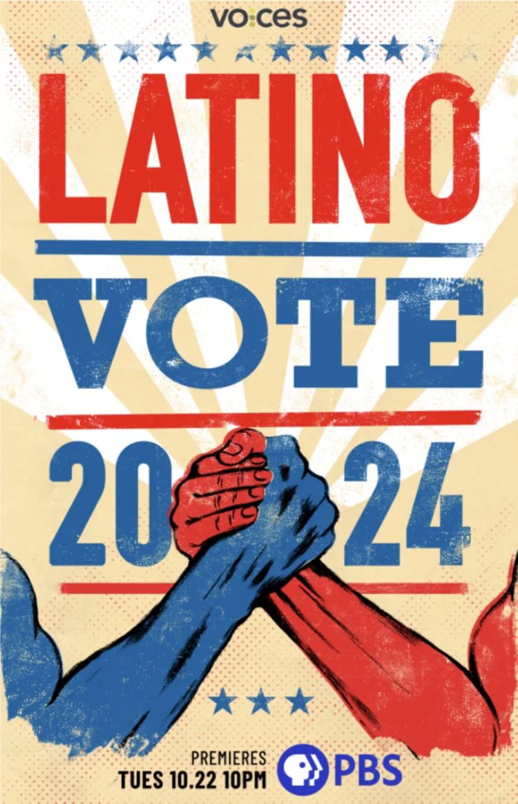 poster with the words Latino Vote 2024 and two arms engaged in an arm wrestle, one red and one blue.