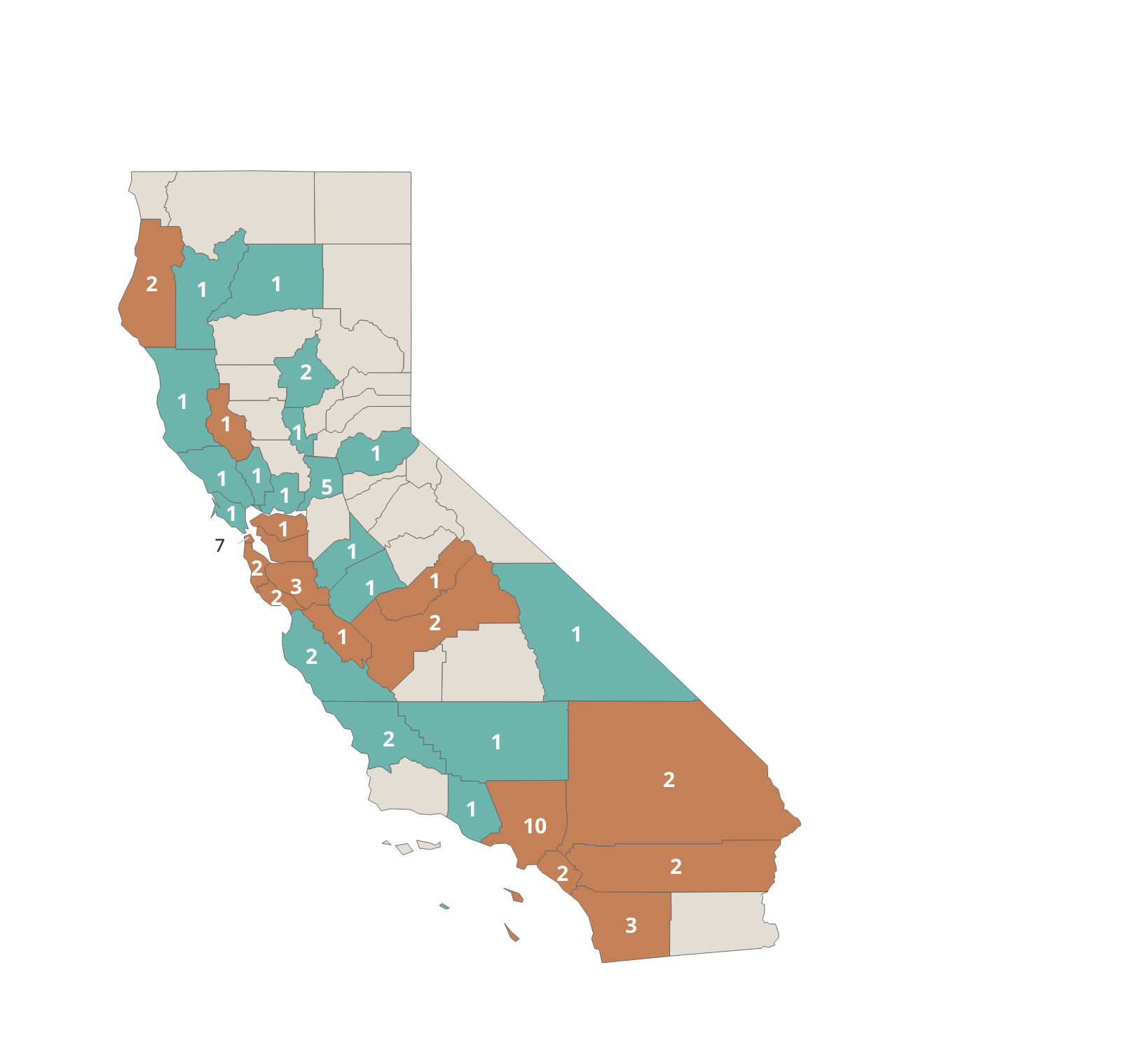 Map of California that is color coded in blue and brown for designations described in the caption.
